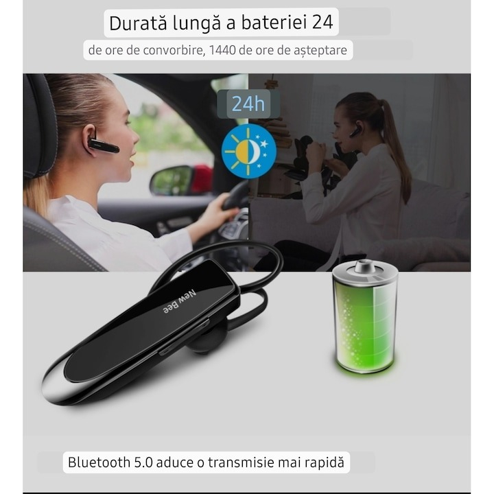 Casca Bluetooth 5.0 New Bee, wireless, autonomie 20 ore, husa transport si protectie inclusa [4]