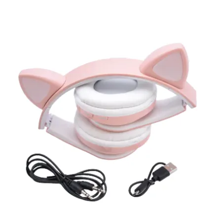 Casti Bluetooth pentru copii,fetite,incarcare usb,lumini LED,model tip pisica - Roz [2]