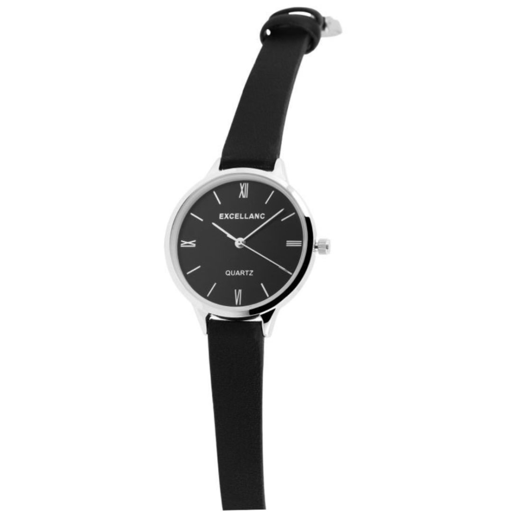 Ceas dama, argintiu 21 cm cu curea din imitatie de piele 12 mm, cadran negru, carcasa 33 mm, mecanism quartz PC21, indexuri argintii [3]