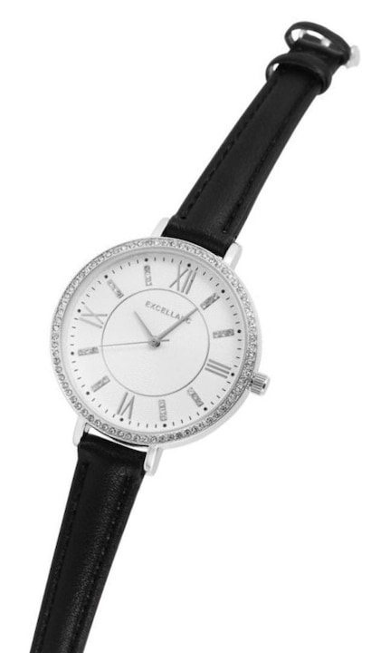 Ceas dama, argintiu 23 cm cu curea neagra din imitatie de piele 12 mm, cadran alb, carcasa rotunda 39 mm, mecanism quartz si catarama [3]