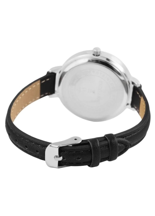 Ceas dama, argintiu 23 cm cu curea neagra din imitatie de piele 12 mm, cadran alb, carcasa rotunda 39 mm, mecanism quartz si catarama [4]