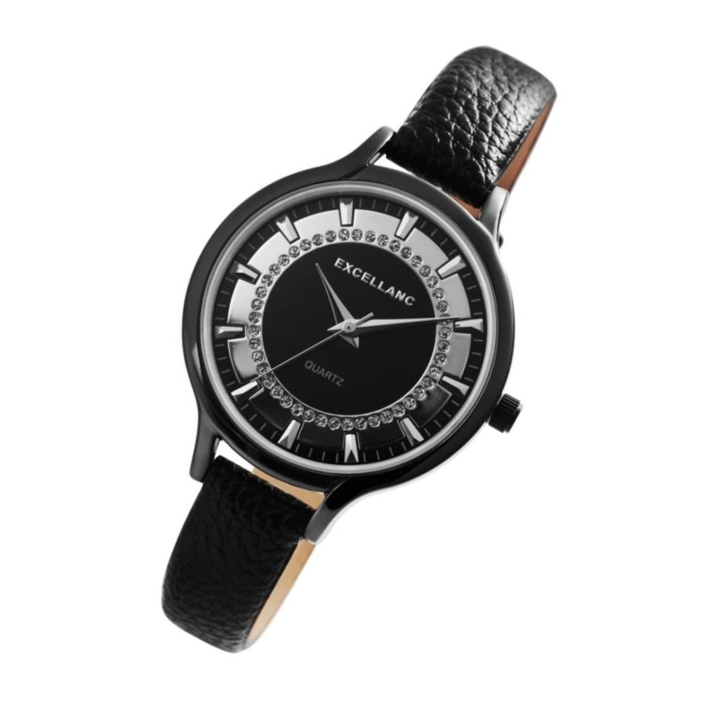 Ceas dama, negru 22,5 cm cu curea din imitatie de piele 12 mm, carcasa neagra 36 mm, cadran negru cu detalii argintii, quartz, sticla minerala [2]