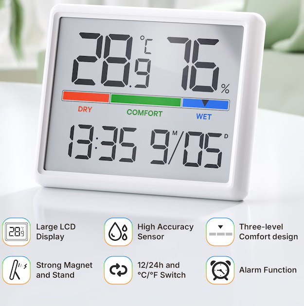 Ceas desteptator digital cu termometru si higrometru, afisaj LCD mare, alarma, calendar, indicator confort, 9.2 x 7.3 cm, alb [4]