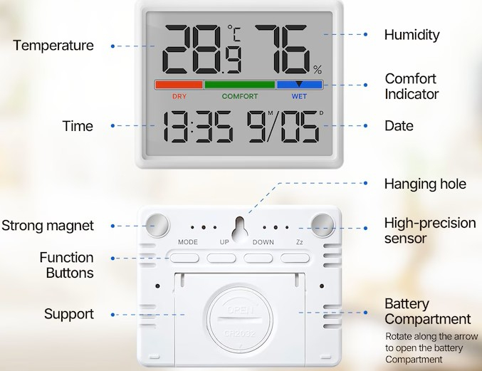 Ceas desteptator digital cu termometru si higrometru, afisaj LCD mare, alarma, calendar, indicator confort, 9.2 x 7.3 cm, alb [3]