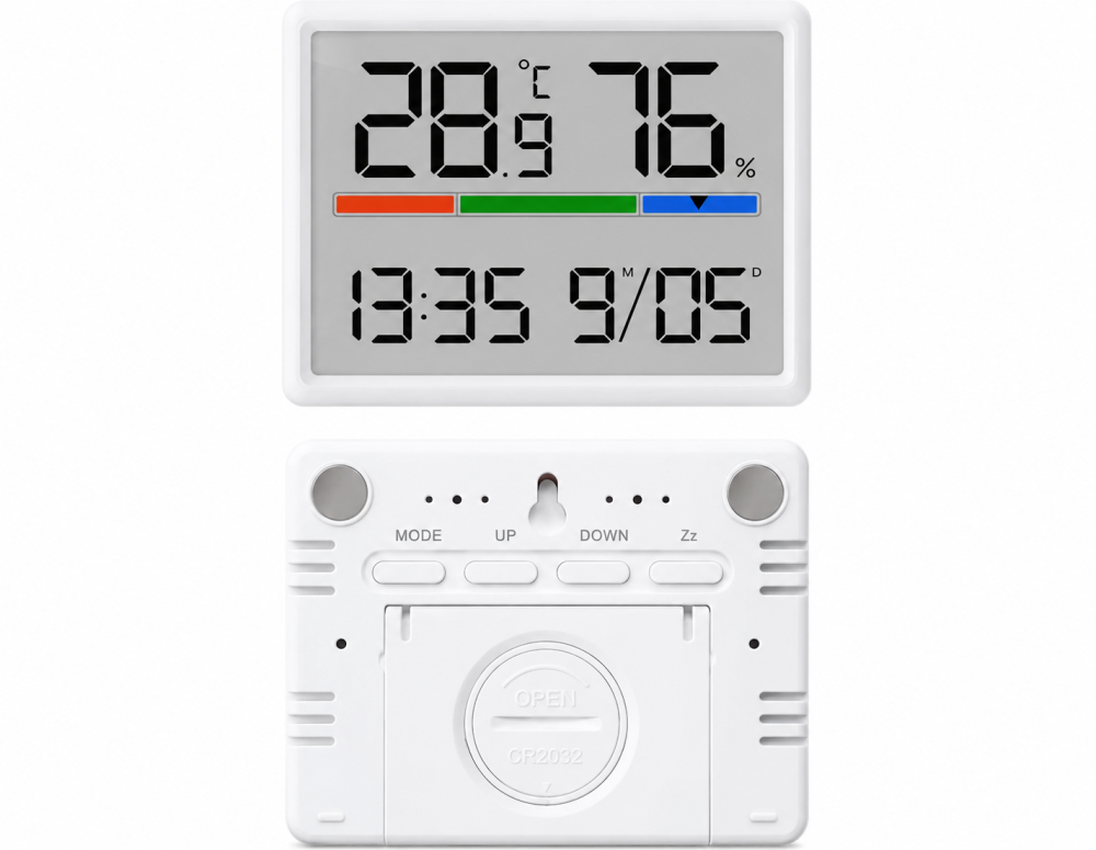 Ceas desteptator digital cu termometru si higrometru, afisaj LCD mare, alarma, calendar, indicator confort, 9.2 x 7.3 cm, alb [5]