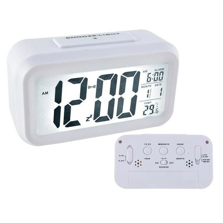 Ceas electronic cu afisare LED, alarma si termometru - Alb [2]