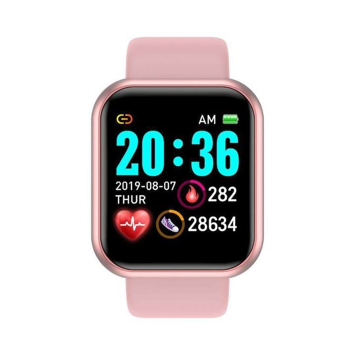 Ceas smartwatch, Bluetooth, monitorizare somn, pedometru, puls, activitati, notificari, roz [5]