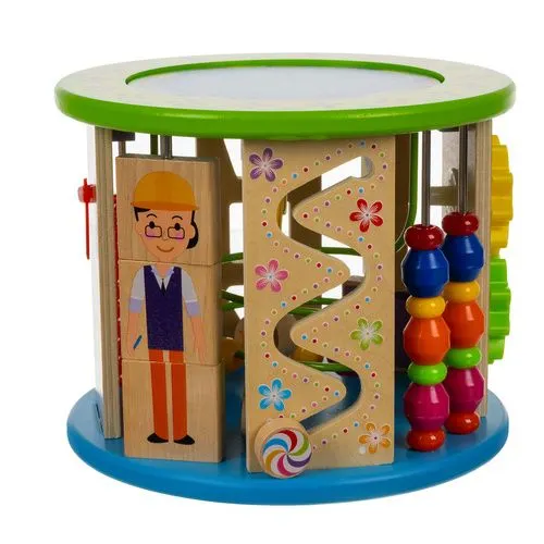 Centru de activitati educative, multicolor 21.5 x 31 cm, cub din lemn cu labirint, abac, sortator forme, ceas si joc de societate pentru copii [7]
