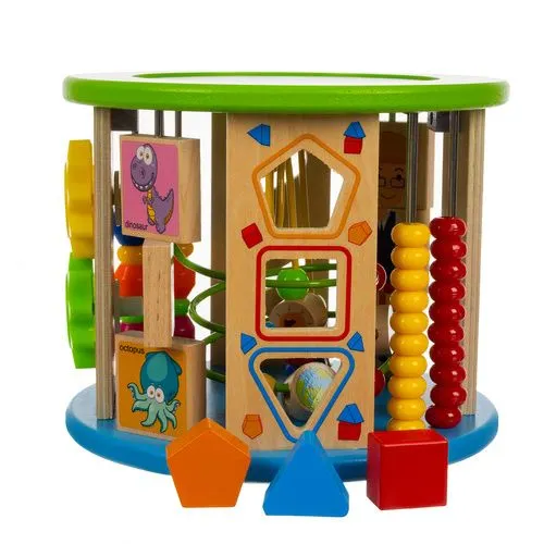 Centru de activitati educative, multicolor 21.5 x 31 cm, cub din lemn cu labirint, abac, sortator forme, ceas si joc de societate pentru copii [2]