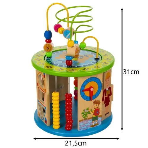 Centru de activitati educative, multicolor 21.5 x 31 cm, cub din lemn cu labirint, abac, sortator forme, ceas si joc de societate pentru copii [8]