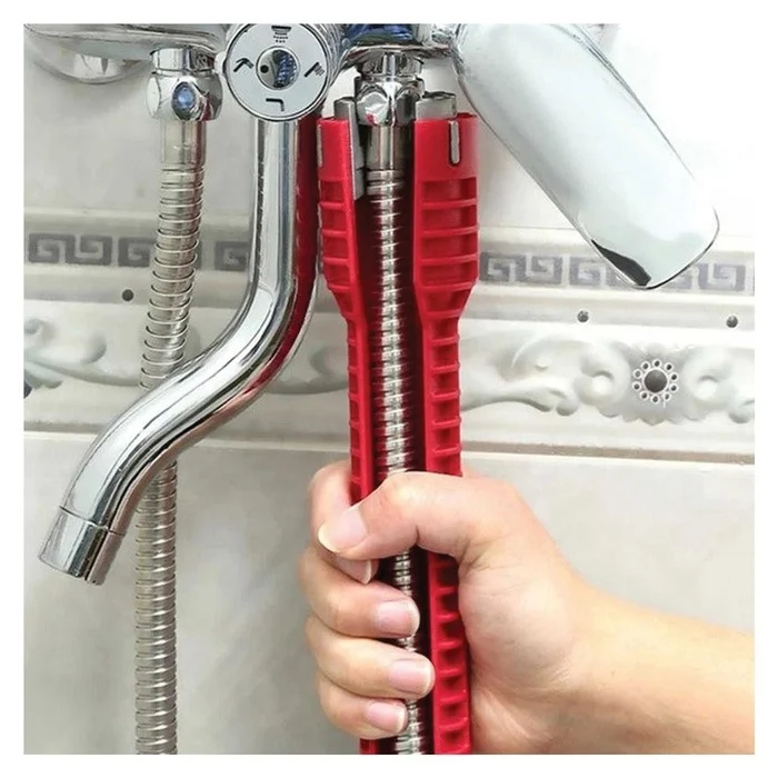 Cheie tubulara universala pentru instalatii sanitare, 3 capete interschimbabile, boloboc integrat, maner antiderapant, 25 x 4 cm, rosu [2]
