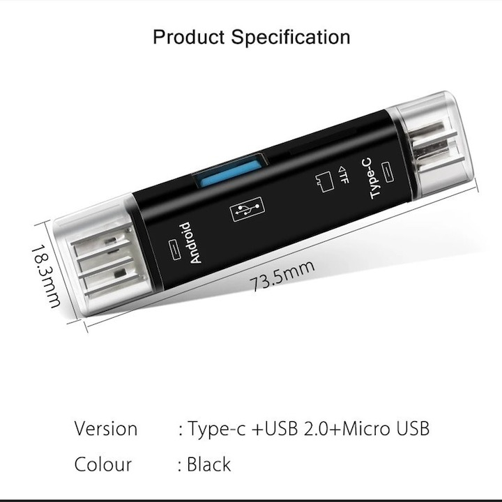 Cititor de carduri microSD, multifunctional, USB 2.0/USB-C, micro USB, negru [3]
