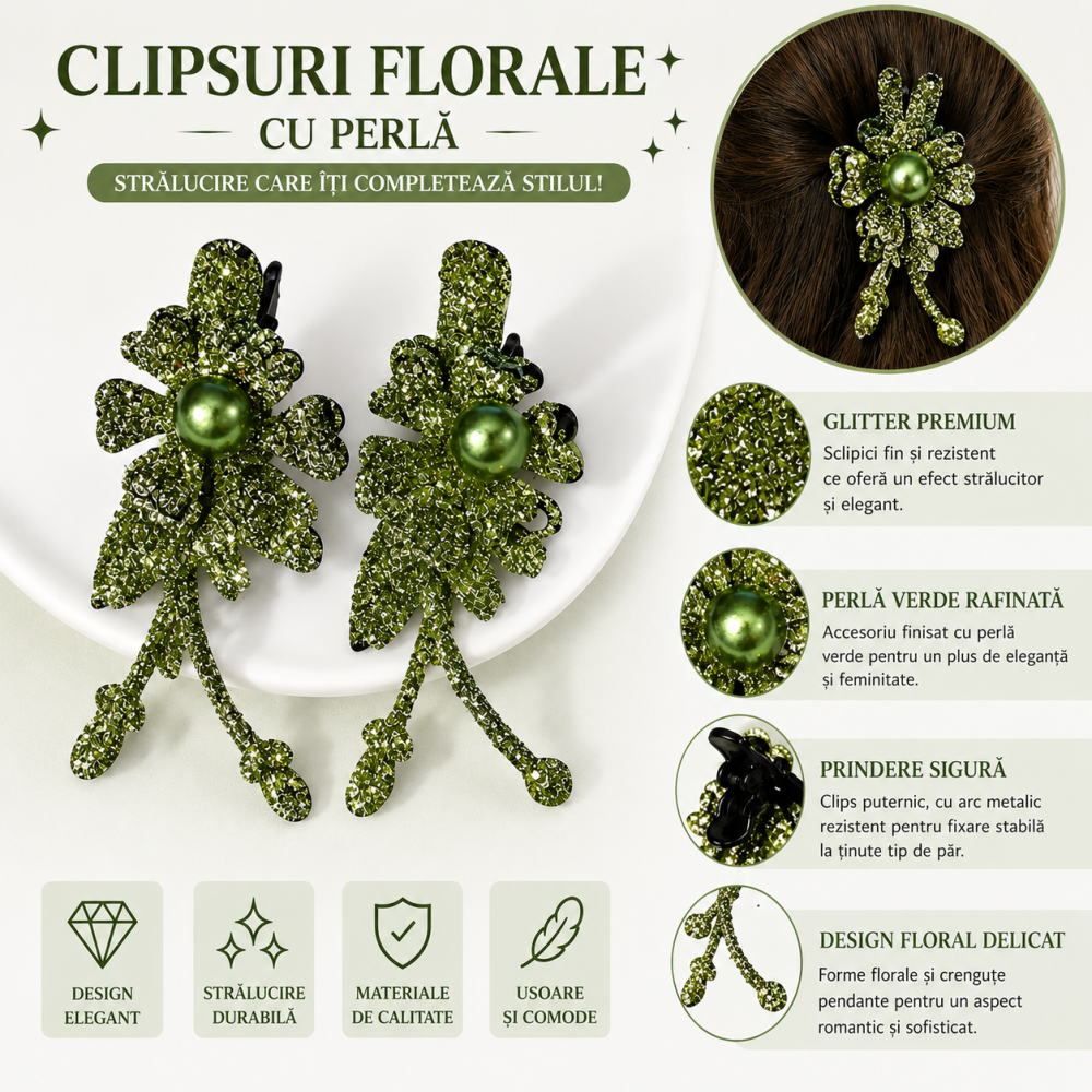 Clema de par verde 5 x 2 cm, model floral metalizat, accesoriu pentru par, fixare sigura, design elegant, 1 buc [2]