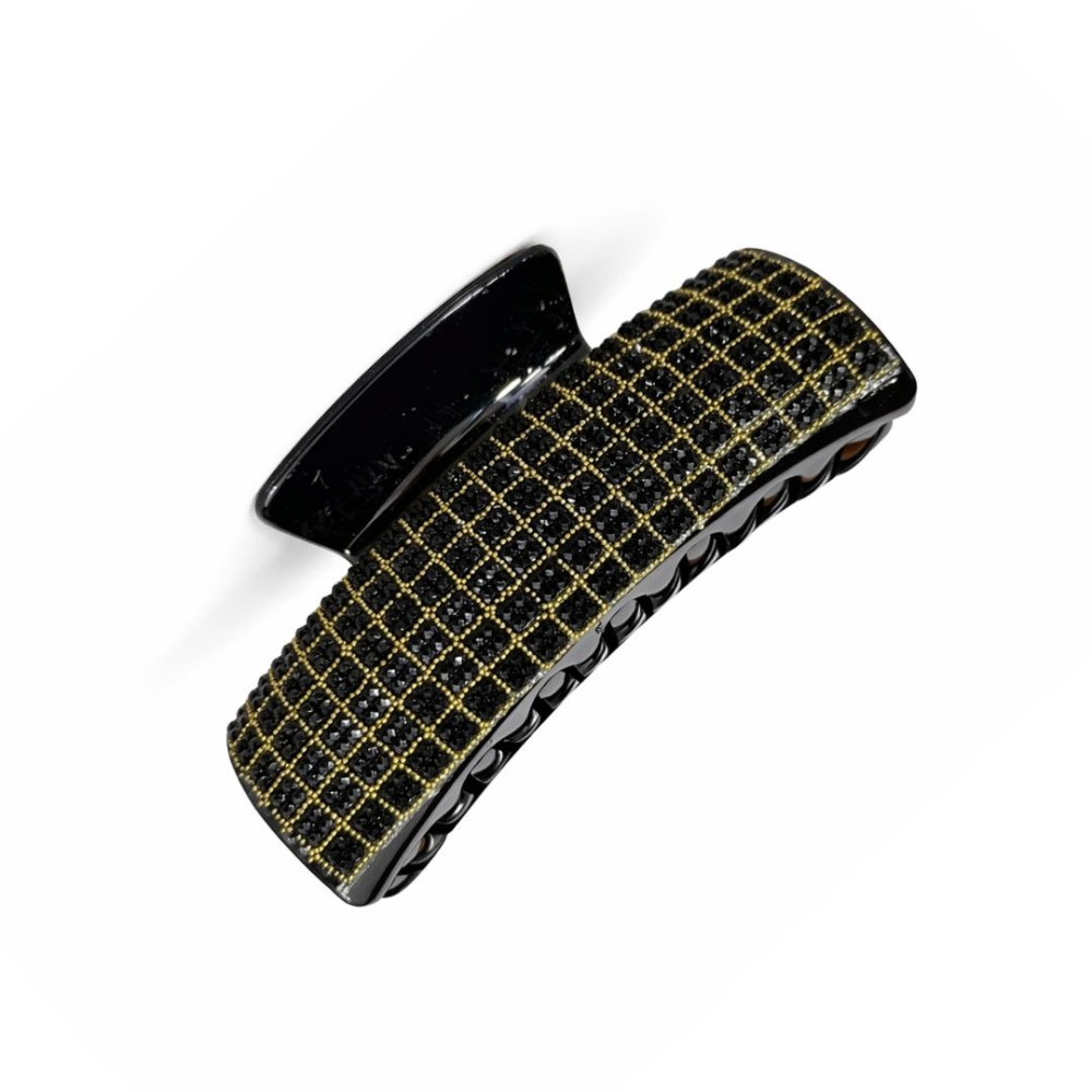 Clama par eleganta neagra cu cristale negre si insertii aurii, model lat, prindere puternica, arc metalic rezistent [2]