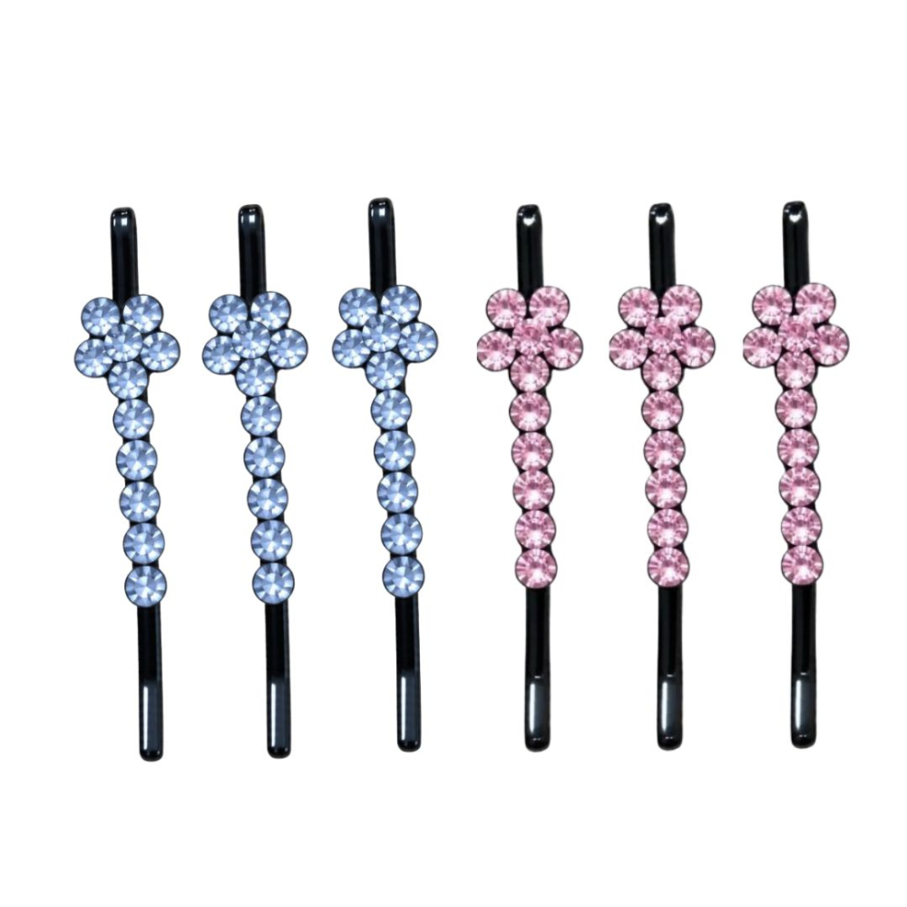Clame par albastru deschis si roz 5 x 1 cm cu pietre artificiale, set 6, 3 albastru deschis si 3 roz, model floral pentru coc, suvite si coafuri [3]