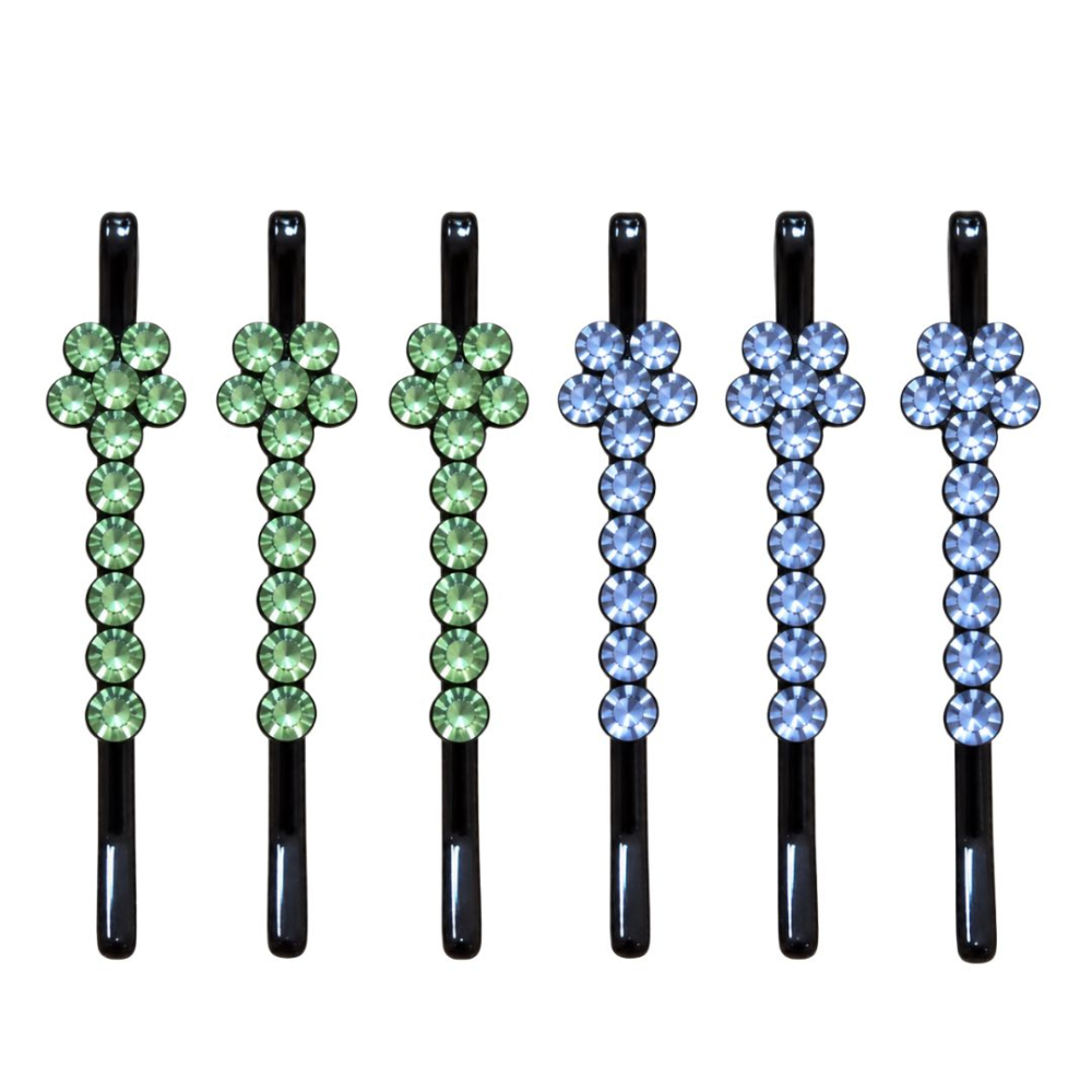 Clame par bleu si verde deschis 5 x 1 cm cu pietre artificiale, set 6, 3 bleu si 3 verde deschis, model floral pentru coc, suvite si coafuri elegante [2]