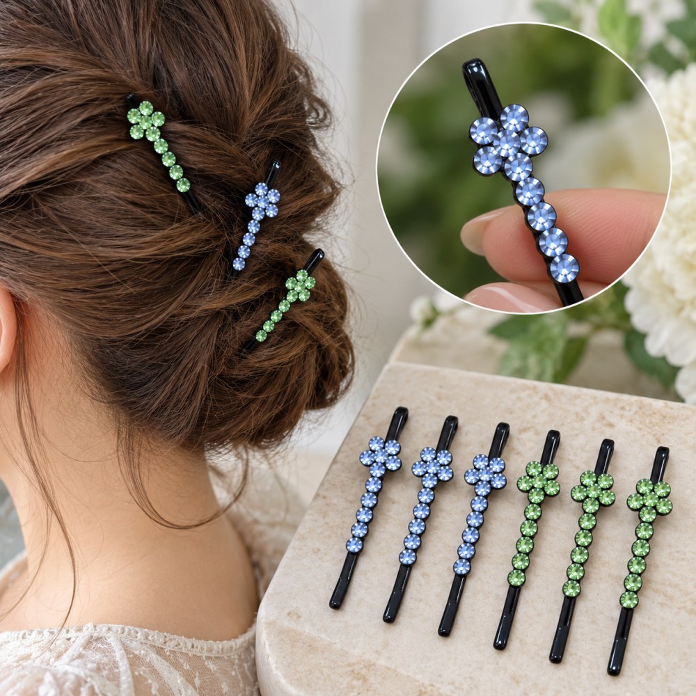 Clame par bleu si verde deschis 5 x 1 cm cu pietre artificiale, set 6, 3 bleu si 3 verde deschis, model floral pentru coc, suvite si coafuri elegante [3]