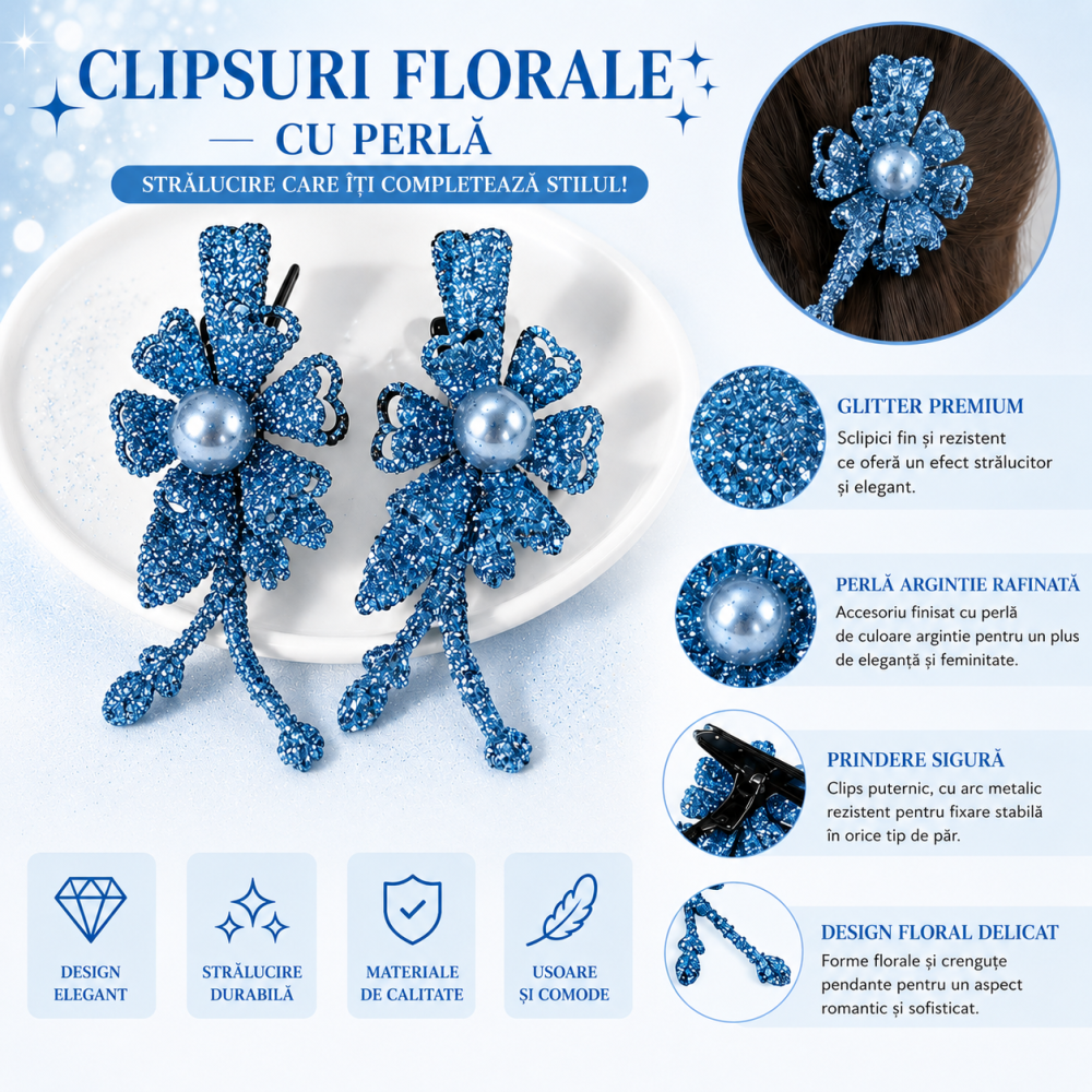Clema de par bleu 5 x 2 cm, model floral metalizat, accesoriu chic pentru par, fixare confortabila, 1 buc [2]