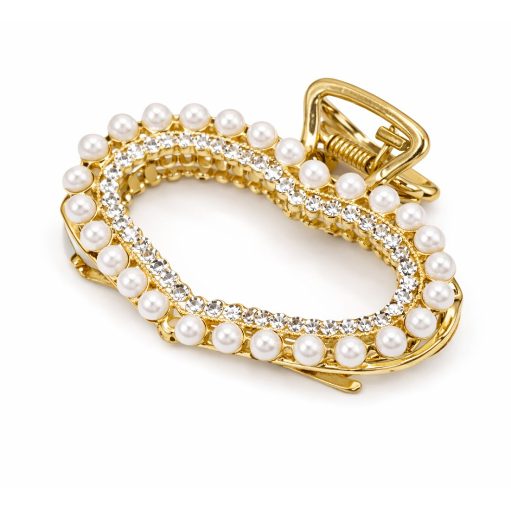 Clema par eleganta aurie cu perle albe si cristale stralucitoare, prindere puternica, arc metalic rezistent, pentru coafuri sofisticate [3]