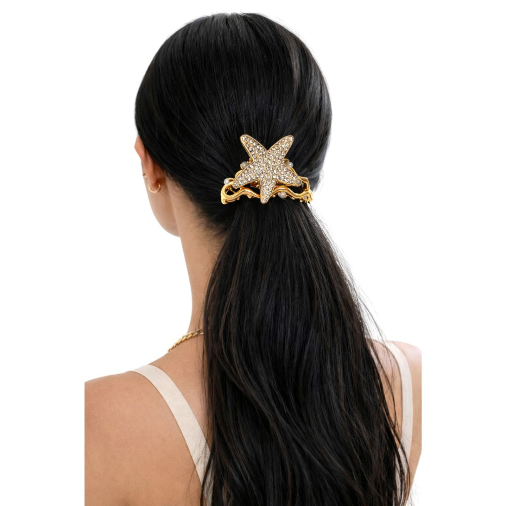 Clema par eleganta aurie cu stea decorativa si cristale stralucitoare, perle albe, prindere puternica, arc metalic rezistent [2]