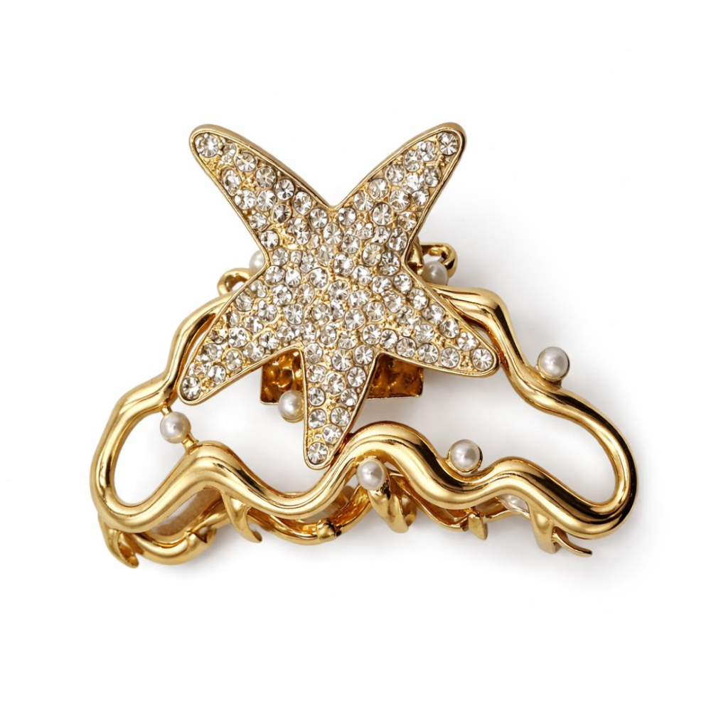 Clema par eleganta aurie cu stea decorativa si cristale stralucitoare, perle albe, prindere puternica, arc metalic rezistent [3]