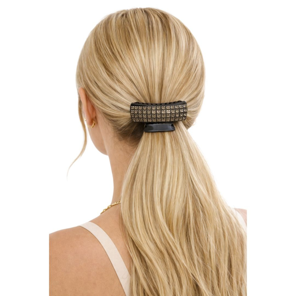 Clema par eleganta neagra cu cristale maro si model geometric, prindere puternica, arc metalic rezistent, pentru coafuri sofisticate [2]