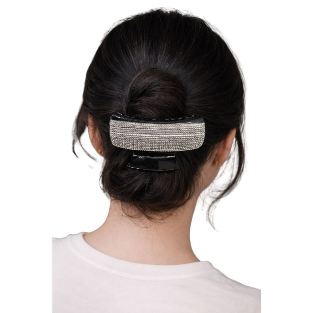 Clema par eleganta neagra cu cristale maro stralucitoare, model geometric lat, prindere puternica, arc metalic rezistent [2]