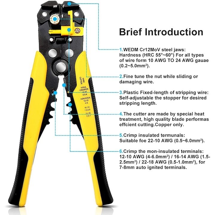Cleste dezizolare si sertizare cablu, top reglabil cu limitator, 20x10x3 cm, negru-galben [8]