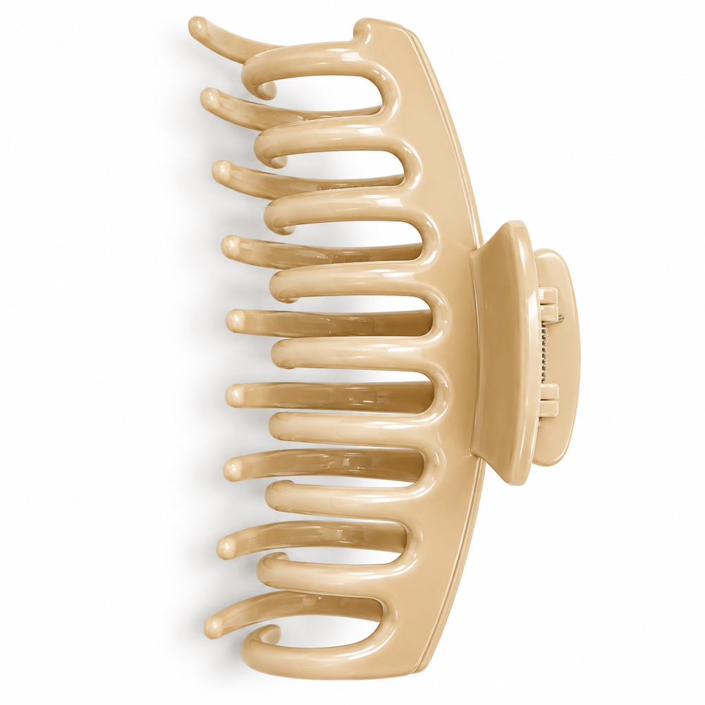 Cleste pentru par, bej 10.9 x 4.5 cm, model ergonomic din plastic rigid cu dinti curbati, fixare ampla pentru par lung, des si voluminos [3]
