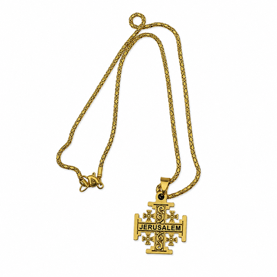 Colier auriu 42 cm cu pandantiv cruce 23 x 23 mm, metal, dubla fata, detaliu rosu, lant crestin religios unisex, cadou si marturie botez [2]