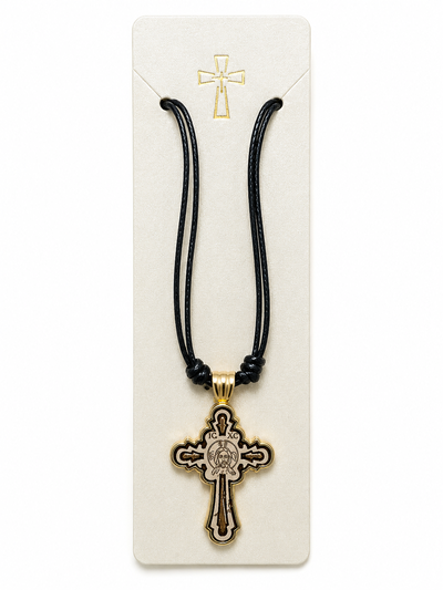 Colier crestin auriu-crem 42 cm x 2, cruciulita 4,4 x 2,7 cm cu Isus gravat si Muntele Athos, lemn si metal auriu, snur textil reglabil [4]