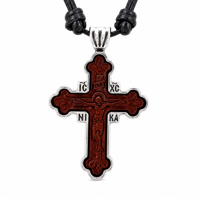 Colier maro-argintiu 42,5 cm x 2 cu cruce ortodoxa 4,3 x 2,7 cm, snur negru reglabil, Iisus Hristos, IC XC NI KA si AGION OROS, 2 fete [8]