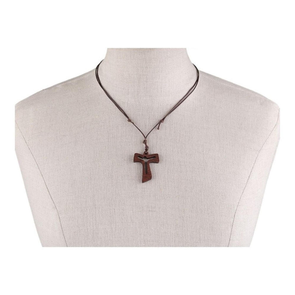 Colier unisex cu pandantiv cruce din lemn maro, reglabil, cu snur textil, marime universala, lungime 40–78 cm, simbol al credintei si stil natural [3]