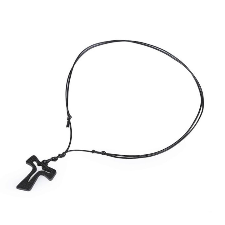 Colier unisex cu pandantiv cruce din lemn maro, reglabil, cu snur textil, marime universala, lungime 40–78 cm, simbol al credintei si stil natural [2]