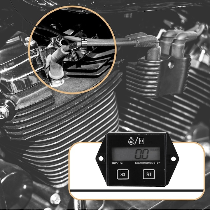 Contor de ore pentru motoare, tahometru digital, IP65, monitorizare timp si turatii, negru [9]