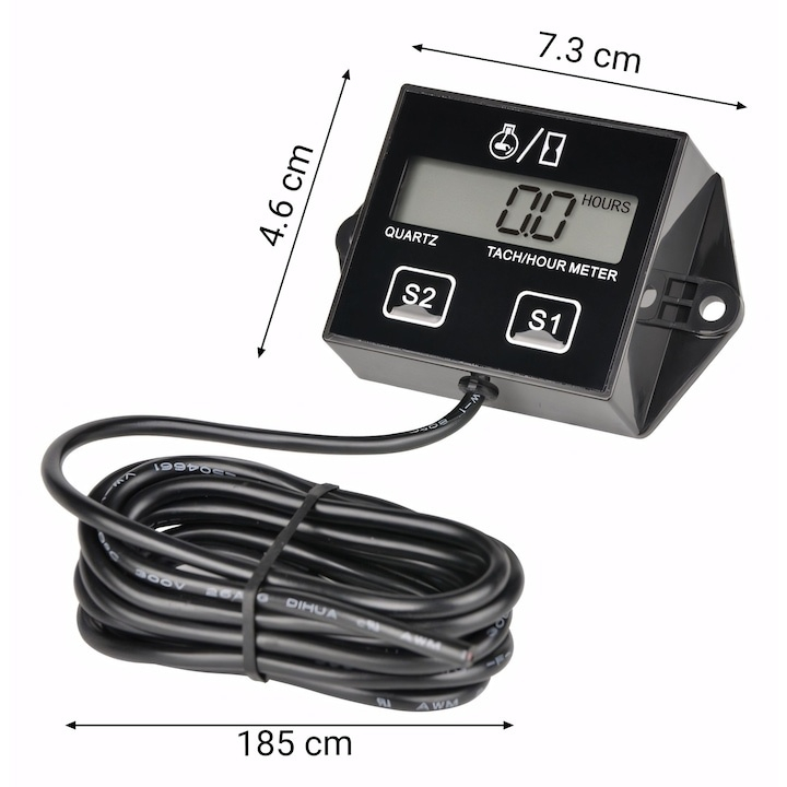 Contor de ore pentru motoare, tahometru digital, IP65, monitorizare timp si turatii, negru [5]