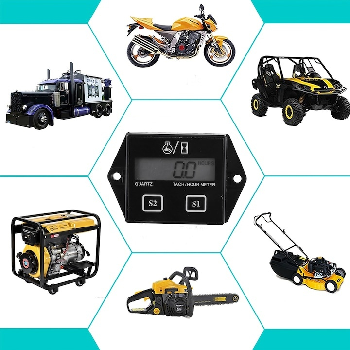 Contor de ore pentru motoare, tahometru digital, IP65, monitorizare timp si turatii, negru [8]