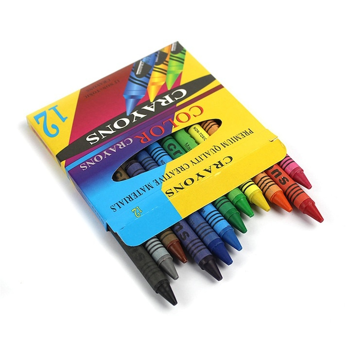 Creioane colorate cerate pentru copii, multicolor, 8 x 0.8 cm, set 12 bucati, forma rotunda, non-toxice, pentru desen, gradinita si scoala [1]