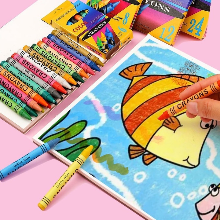 Creioane colorate cerate pentru copii, multicolor, 8 x 0.8 cm, set 12 bucati, forma rotunda, non-toxice, pentru desen, gradinita si scoala [4]
