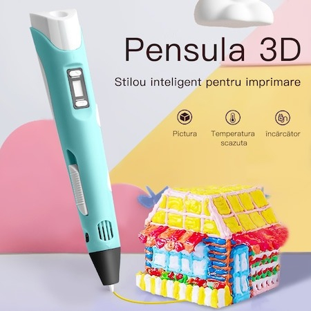 Creion 3D pentru realizare obiectelor in spatiu 3D cu 50 m filament inclus - Albastru [2]