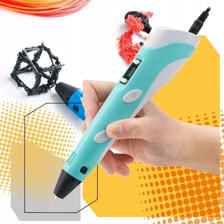 Creion 3D albastru set complet cu filament PLA 1.75 mm 110 m, 20 culori, suport silicon, sabloane, degetare, LCD, compatibil PLA ABS, temperatura reglabila 60-230°C, motor metalic, duza ceramica, USB [2]