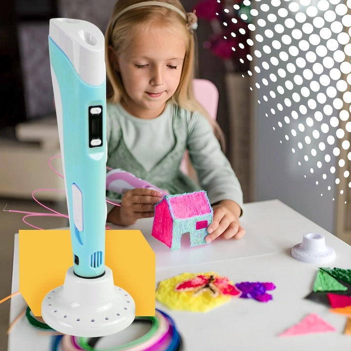 Creion 3D albastru set complet cu filament PLA 1.75 mm 110 m, 20 culori, suport silicon, sabloane, degetare, LCD, compatibil PLA ABS, temperatura reglabila 60-230°C, motor metalic, duza ceramica, USB [3]