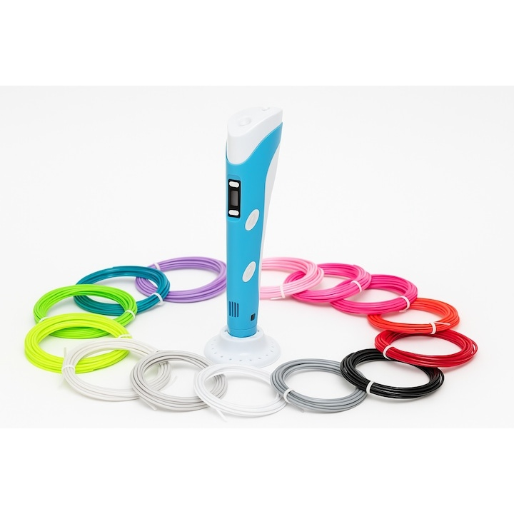 Creion 3D albastru set complet cu filament PLA 1.75 mm 110 m, 20 culori, suport silicon, sabloane, degetare, LCD, compatibil PLA ABS, temperatura reglabila 60-230°C, motor metalic, duza ceramica, USB [9]