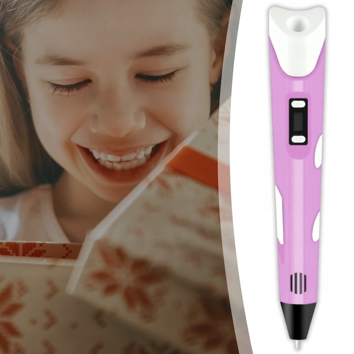 Creion 3D cu filament 1.75 mm, 20 culori, 110 m, compatibil PLA ABS, LCD, temperatura reglabila 60-230°C, motor metalic, duza ceramica, roz alb [6]