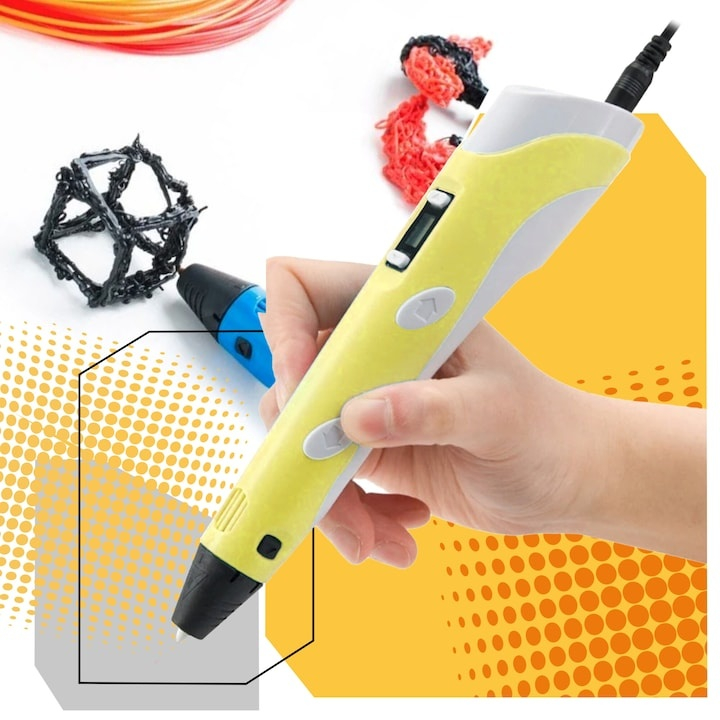 Creion 3D cu filament, galben alb, set complet 1.75 mm, 20 culori, 110 m, suport silicon, sabloane, degetare, ecran LCD, temperatura reglabila, duza ceramica [6]