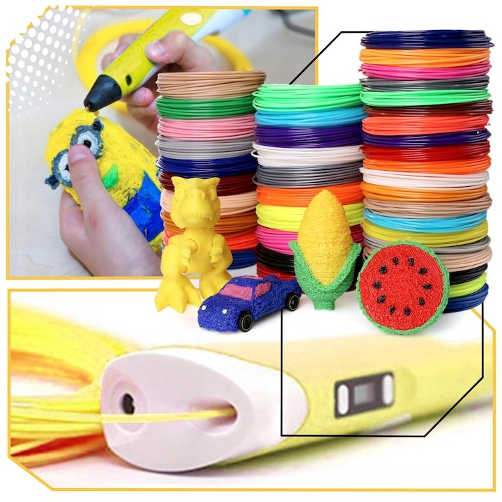 Creion 3D cu filament, galben alb, set complet 1.75 mm, 20 culori, 110 m, suport silicon, sabloane, degetare, ecran LCD, temperatura reglabila, duza ceramica [8]