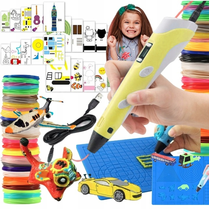 Creion 3D cu filament, galben alb, set complet 1.75 mm, 20 culori, 110 m, suport silicon, sabloane, degetare, ecran LCD, temperatura reglabila, duza ceramica [9]