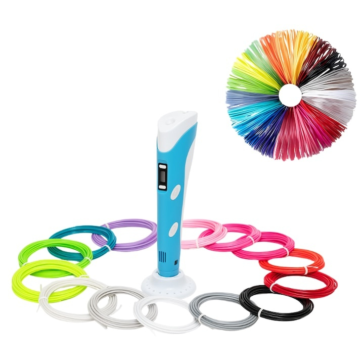 Creion 3D cu filament, bleu alb, 1.75 mm, 20 culori, 310 m, compatibil PLA ABS, ecran LCD, temperatura reglabila, motor metalic, duza ceramica [2]