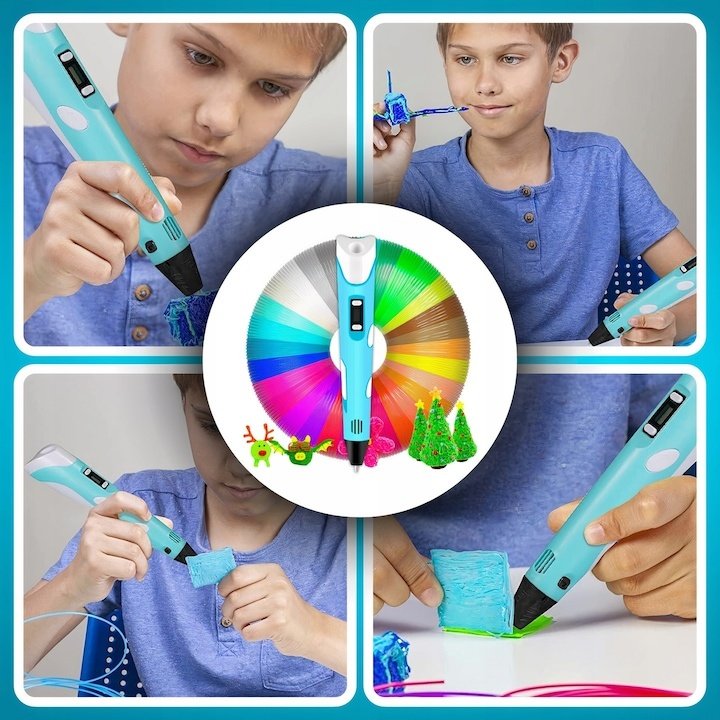 Creion 3D cu filament, bleu alb, 1.75 mm, 20 culori, 310 m, compatibil PLA ABS, ecran LCD, temperatura reglabila, motor metalic, duza ceramica [9]