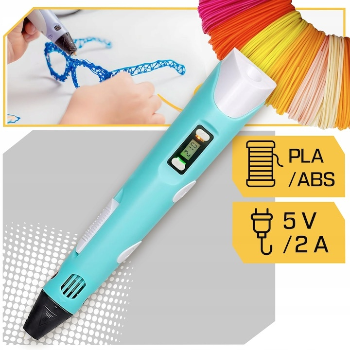Creion 3D cu filament, bleu alb, 1.75 mm, 20 culori, 310 m, compatibil PLA ABS, ecran LCD, temperatura reglabila, motor metalic, duza ceramica [5]